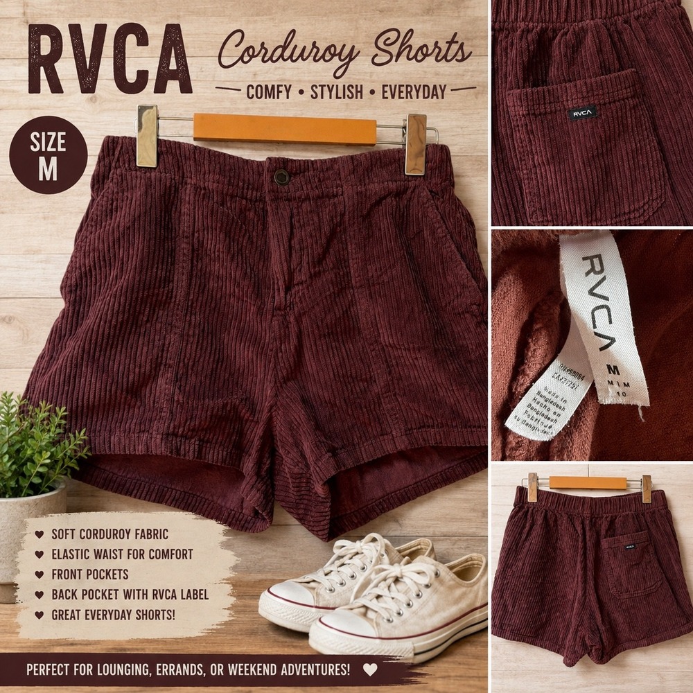 RVCA Womens Corduroy Shorts Burgundy Wine Elastic Waist Casual Size M